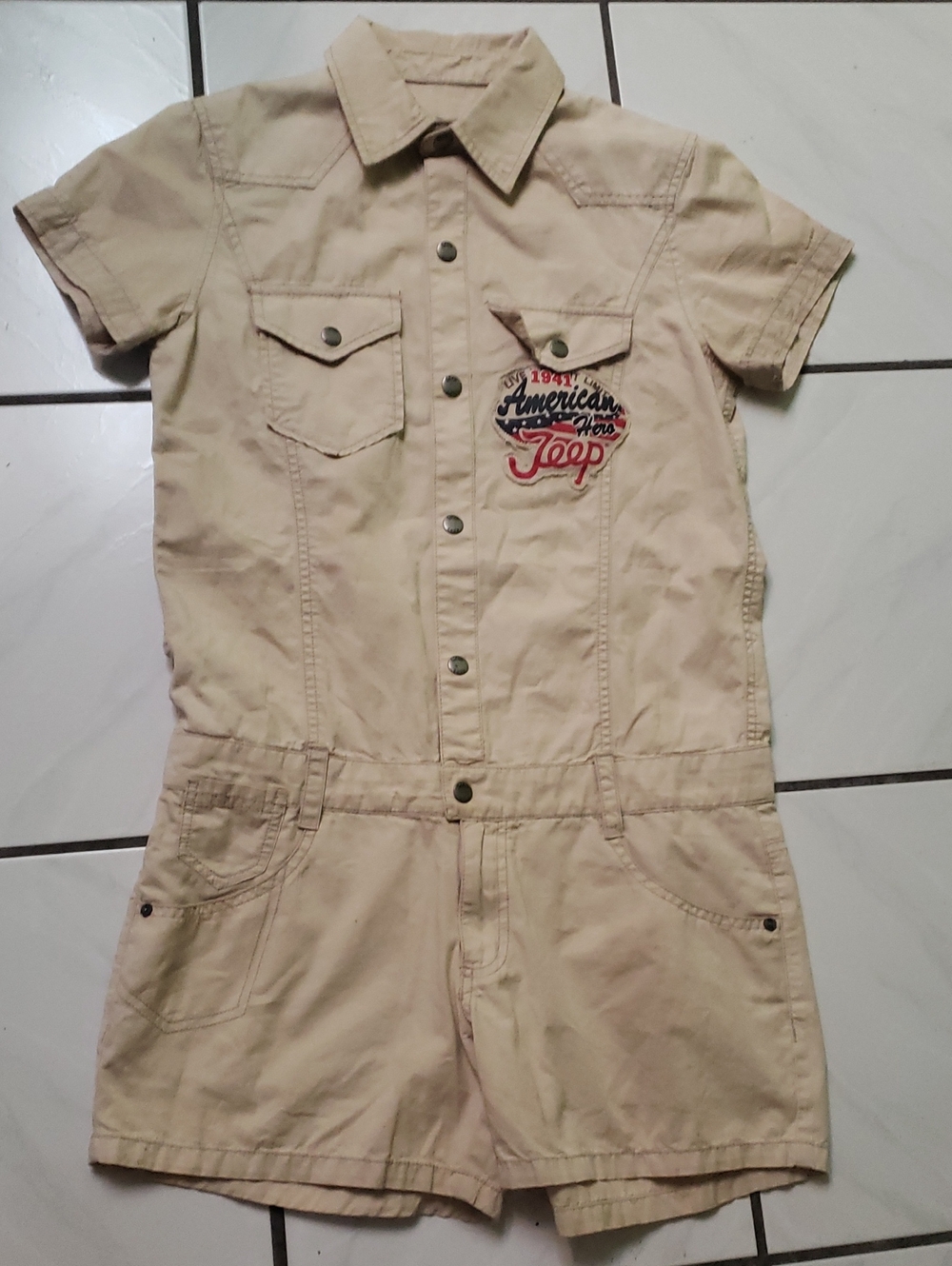 Like new "Jeep" tan short-sleeve collared Romper with Embroidery